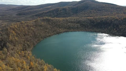 Drone Ascending Over Camel Peak Ridge Heavenly Lake Autumn Forest Stock Footage 330234714