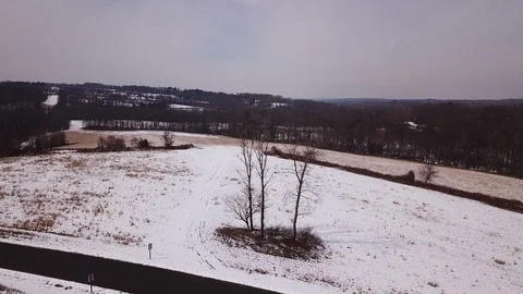 Drone ascending passed two trees revealing snow covered field Video stock 104306954
