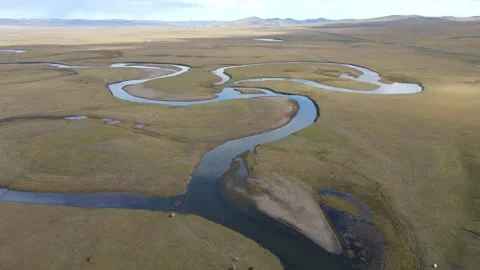 Drone Ascending View Over Meandering River Hulunbuir Grassland Stock Footage 331420369