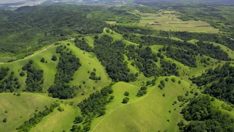 Drone ascends and captures rolling hills adorned with lush green grass and wood 스톡 동영상 263105364
