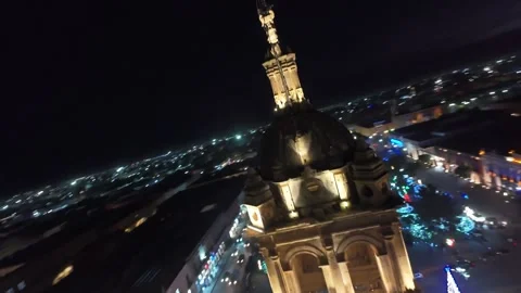 Drone Ascends and Circles Tower of Durango Cathedral at Night Stock Footage 306626527