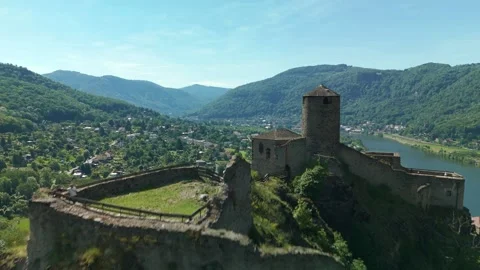 Drone Ascends and Flies Over Hrad Střekov Castle, Czech Republic Stock Footage 314613950