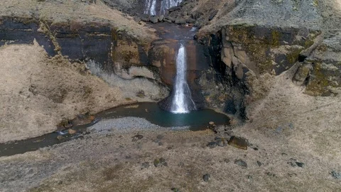 Drone Ascends Facing a 2 Level Waterfall in Iceland in 4k Stock Footage 90228331