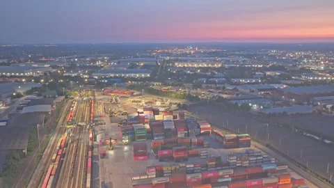 Drone ascent above Trafford Park intermodal container terminal in Greater Stock Footage 340346685