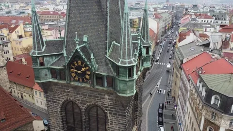 Drone Ascent to the Clock Tower in Prague Stock Footage 310958190