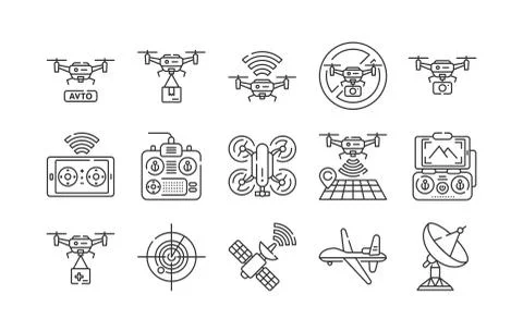 Drone automatic unmanned control black line icons set. Aircraft devices conce Stock Illustration