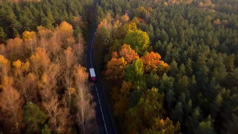 Drone backward flyover autumn forest with truck driving on a road. Vidéo 122218885
