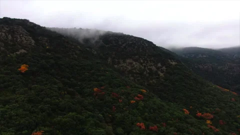 Drone backward tracking over forests and hills Stockbeeldmateriaal 347585364