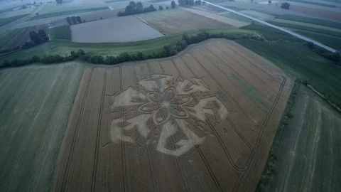Drone backwards long shot of a crop circle in a wheat field high altitude Video stock 123825618