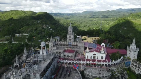 Drone backwards shot - Beautiful big church at the Philippines - Cebu Stock Footage 301617844