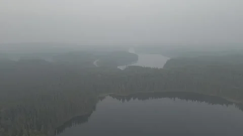 Drone based aerial looking down on an evergreen forest and small lakes covered Stock Footage 310898008