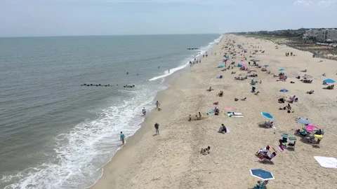 Drone Beach Fly over Summer fun at the Ocean Stock Footage 241114449