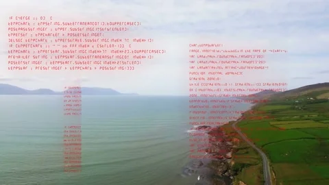 Drone beginning pan, red code blocks shifting across sea and shore, visualizing Stock Footage 333893896