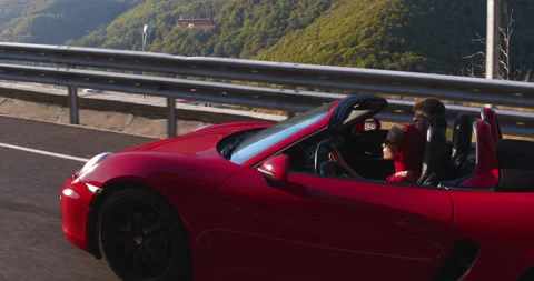 Drone Bird Eye View Red Sports Car Open Road Stock Footage 159664897