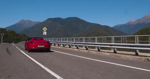 Drone Bird View Red Cabriolet Rural Road Cinematic Stock Footage 160269421