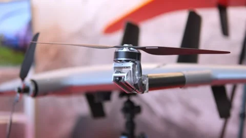 Drone with a black propeller is on display Stock Footage 312129924
