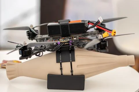 A drone with bomb-dropping equipment at a technology exhibition. Austria, V.. 스톡 사진
