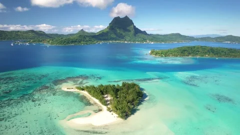 Drone Bora Bora aerial view, clear water lagoon. Tahiti island. French Polynesia Stock Footage 252236358