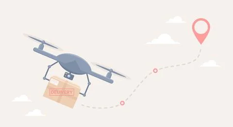 Drone with box and dashed line leading to location pin icon 스톡 일러스트