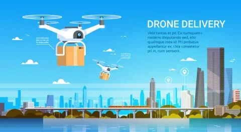 Drone With Boxes Fly Over Modern City Background, Air Transportation Delivery Ilustração Stock
