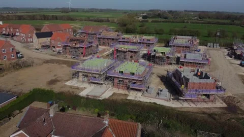 Drone. Builders, housing development. Construction site, new countryside houses Stock Footage 270088496