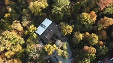 Drone Building / House Around Fall Trees / Wedding Cocktail Hour Reception Stock Footage 120475994