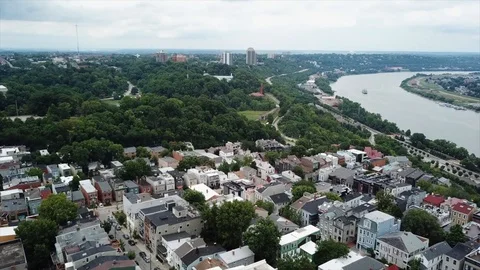 Drone Buildings next to River Stock Footage 92872892