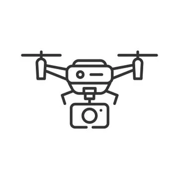 Drone with camera automatic unmanned control black line icon. Aircraft device Stock Illustration