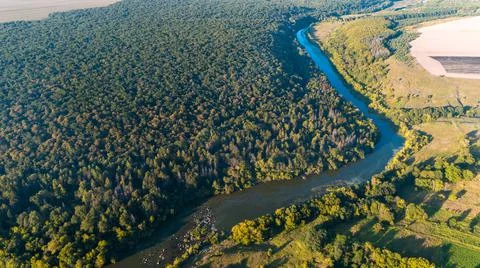 Drone with a camera, beautiful summer small river from a height Stock Photos