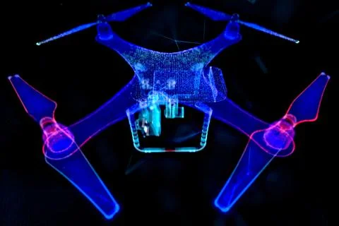 Drone with camera in dark blue. Abstract quadcopter with dots, lines, stars and Stock Illustration