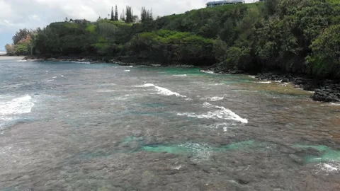 Drone camera discovered secret cave entrance on the rocky ocean coast at Kauai Video stock 135950190