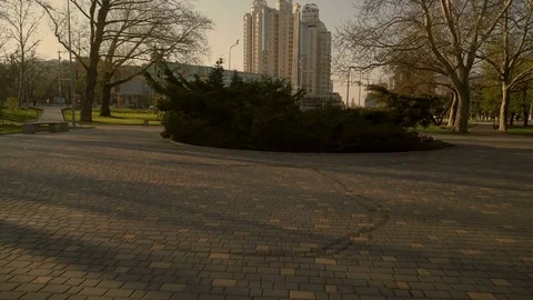 Drone camera flies low through Victory Park Stock Footage 74914111