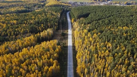 Drone with camera flies over highway on which cars are driving Stock Footage 318543241