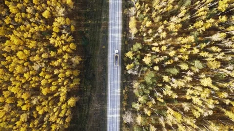 Drone with camera flies over highway on which cars are driving Video stock 318543242
