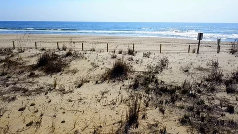 Drone camera flies sideways along beach sand dune in Ocean City, Maryland Stock Footage 89451918