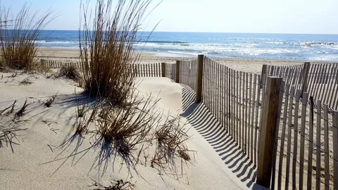 Drone camera flies sideways along beach sand dune in Ocean City, Maryland Stock Footage 89451934