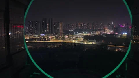 Drone camera move transition into night city background. Cityscape view. Video stock 340623797