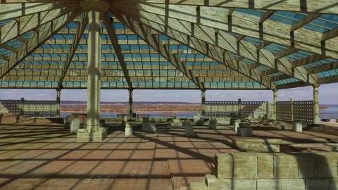 Drone camera movement under a glass dome. Sidewalks and intersecting shadows Stock Footage 125904877