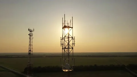 Drone camera moves around the telecommunication towers Stock Footage 159499242
