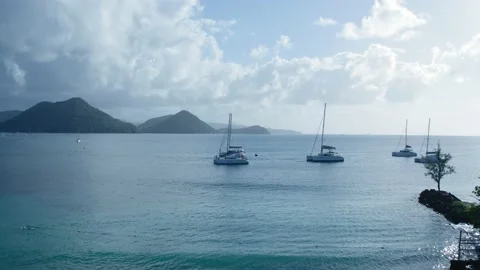 Drone camera moves through yachts to the sea (Saint Lucia) Video stock 131991395