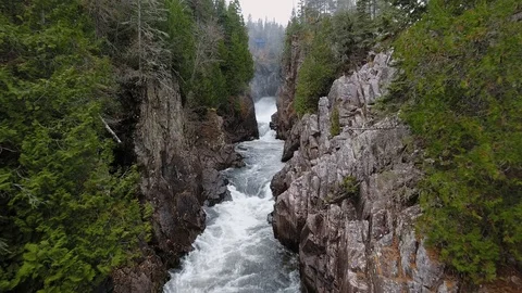 Drone camera moves upstream in a mountain gorge with dense forest Video stock 126077974
