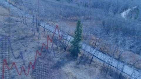 Drone camera panning overlaying red and blue technology graphs tracking male Stock Footage 318142879