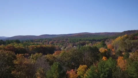 Drone Camera Rises Over River And Mohawk Trail Fall Foliage Landscape Stock Footage 330066394
