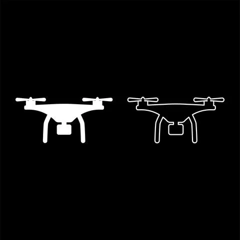 Drone with camera set icon white color vector illustration image solid fill o Stock Illustration