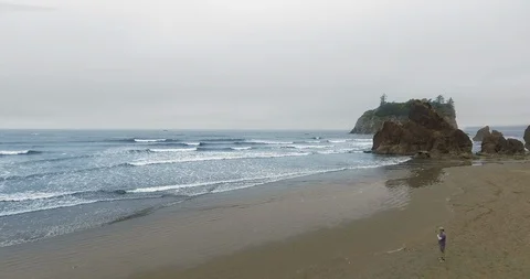 Drone camera shoots ocean and rocks at Ruby Beach, Olympic Park, Washington Video stock 123836113