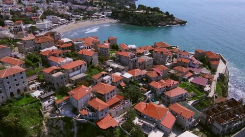 Drone with camera slowly flies over the old European resort town of Ulcinj in Stock Footage 167866639