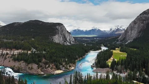 Drone camera takes off over a rough river flows between the wooded slopes Video stock 137513671
