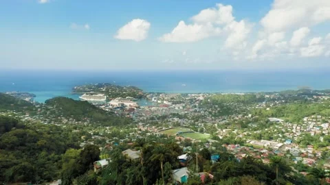 Drone camera taking  town in dense forest and ships (Rodney Bay, Saint Lucia) Video stock 131982926