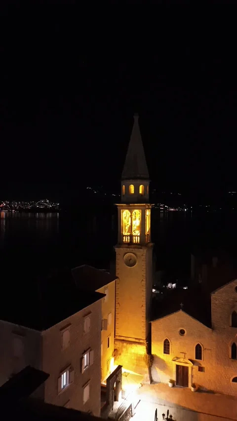 Drone capture of Budva old town, St Johns Church, and the Adriatic horizon Stock Footage 300566123