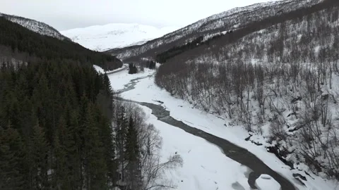 A drone captured aerial view features a frozen river winding through a snowy Stock Footage 330376537